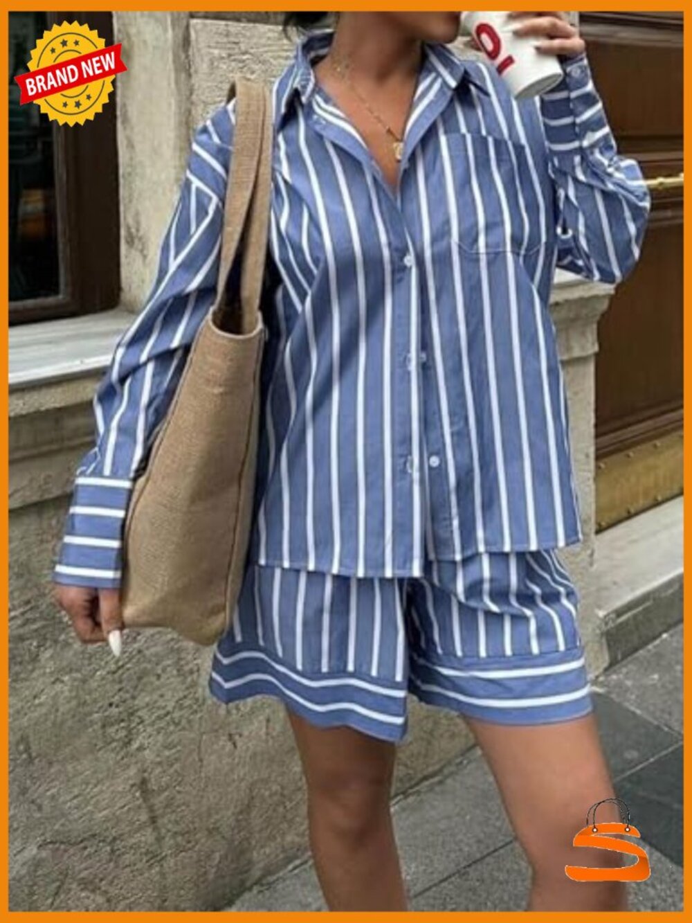 2 Piece Striped Long Sleeve Button Down Shirt Shorts Set - Picture 2 of 7